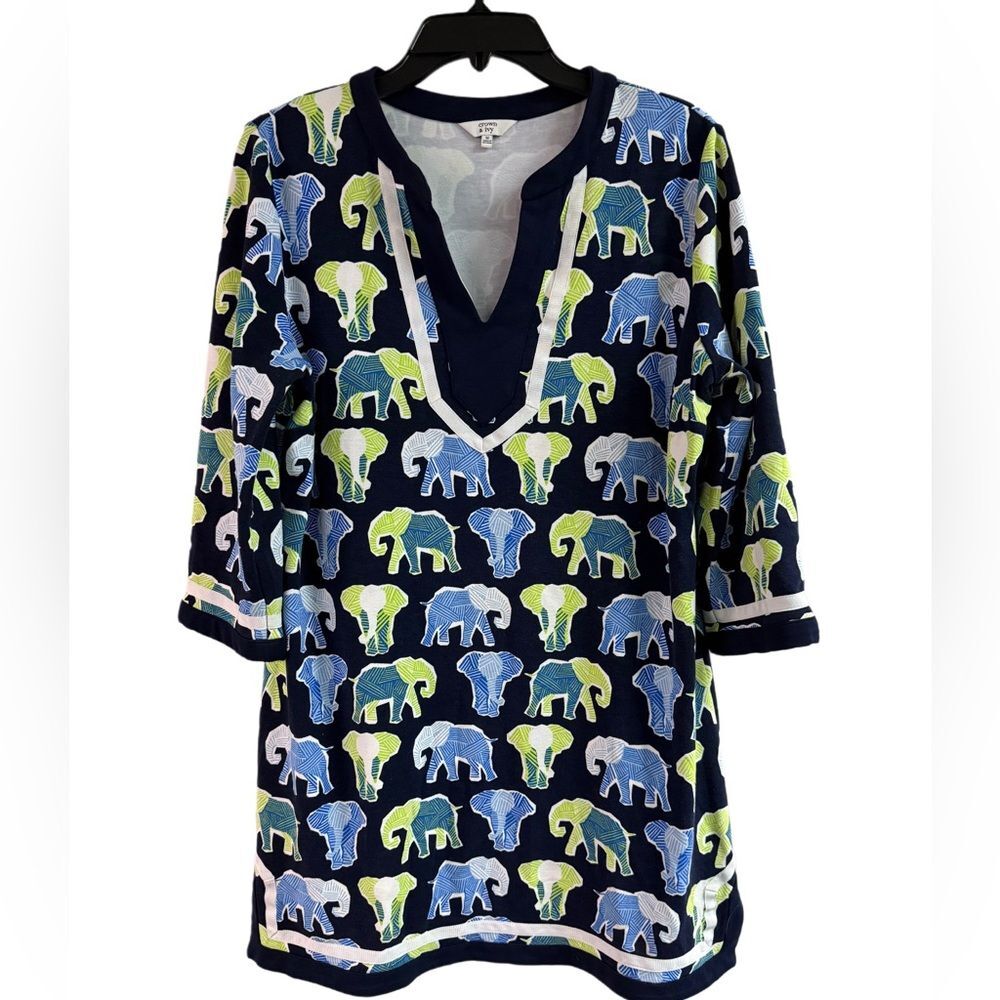 Crown & Ivy Blue & Green Elephant Tunic Dress Size M